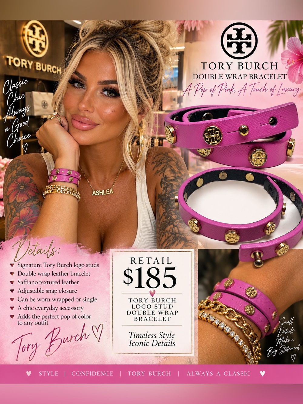 TORY BURCH PINK LOGO GOLD STUD DOUBLE-WRAP